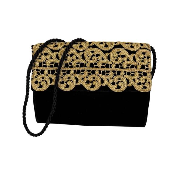 Saks Fifth Ave Crossbody Slingbag Purse Black Velvet Gold Embroidered Flap ITALY